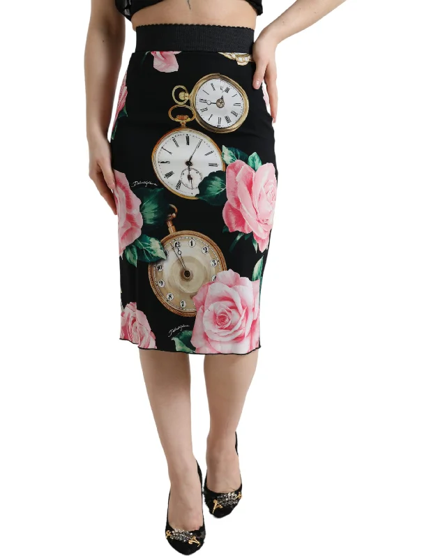 Dolce & Gabbana High Waist Silk Pencil Midi Skirt with Floral Women's Print