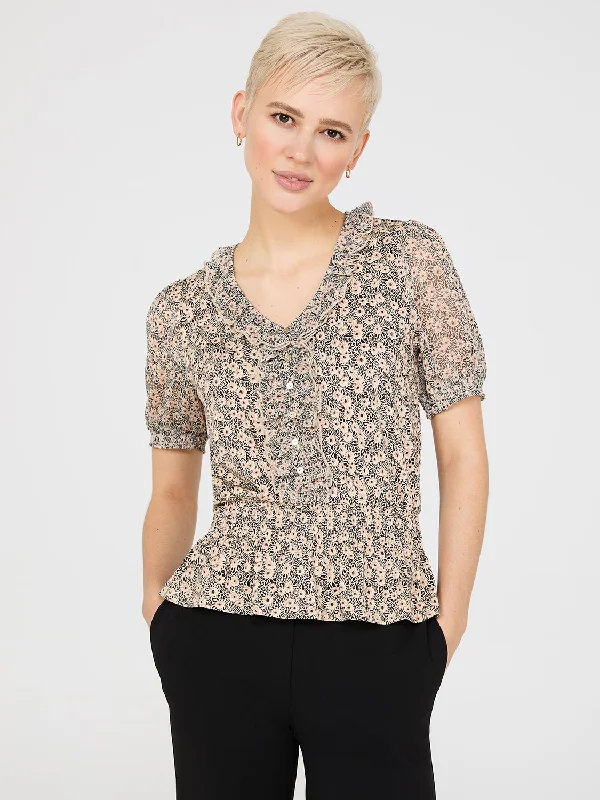 Printed Textured V-Neck Top With Smocked Bottom Band