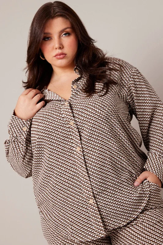 Brown Geo Relaxed Shirt Long Sleeve