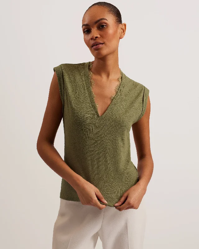 Effiy V-Neck Vest With Lace Neckline Khaki