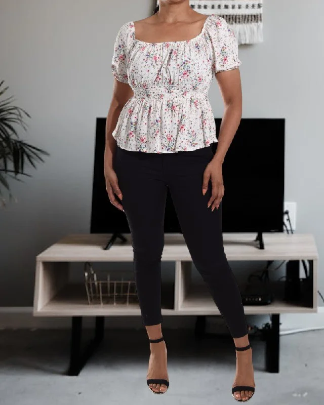 White Floral Shirred Top