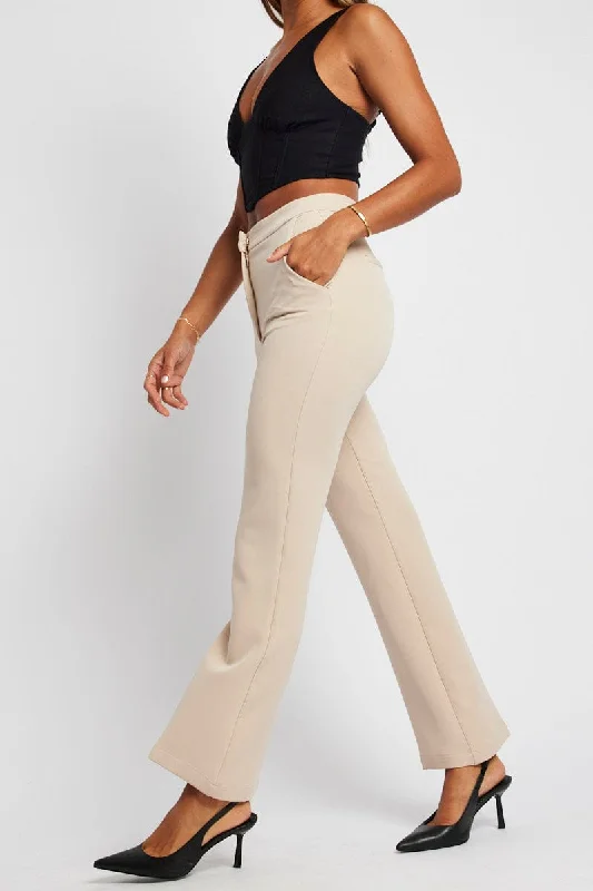 Beige Slim Pants High Rise