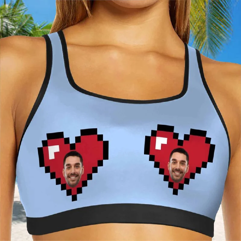 Custom Husband Face Red Heart Blue Background Sports Bra Personalized Women's All Over Print Yoga Sports Bra