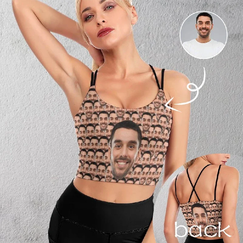 Custom Husband Face Seamless Tops Personalized Women's All Over Print Strappy Longline Yoga Sports Bra