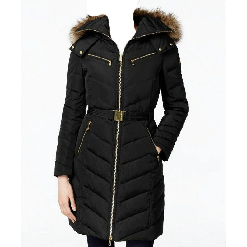 MICHAEL Michael Kors Faux Fur Hood Belted Down Puffer Coat Black - XSmall - XS