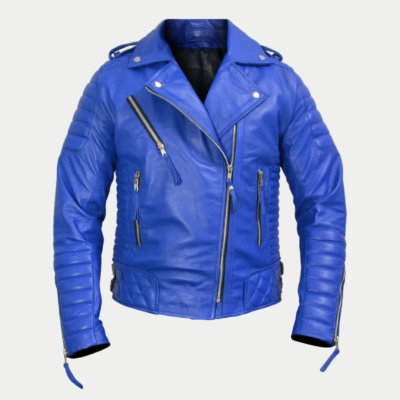 Women's Light-Blue Padded Motorcycle Genuine Leather Biker Jacket