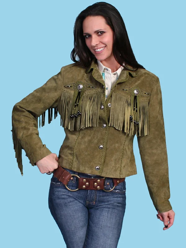 Scully Womens Fringe Beaded Olive Leather Leather Jacket L