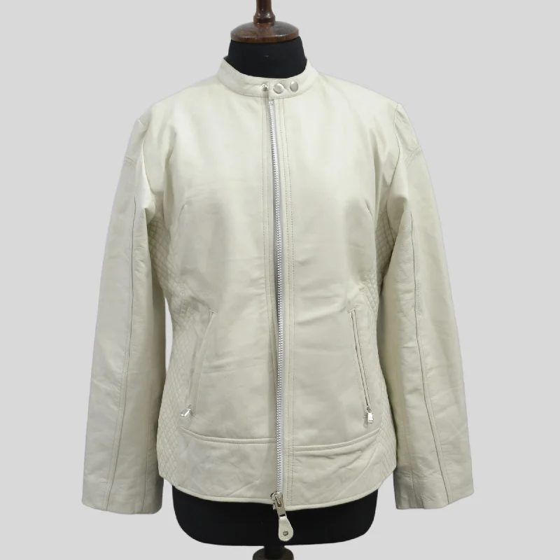 Women's Beige Quilted Cafe Racer Genuine Lambskin Leather Jacket