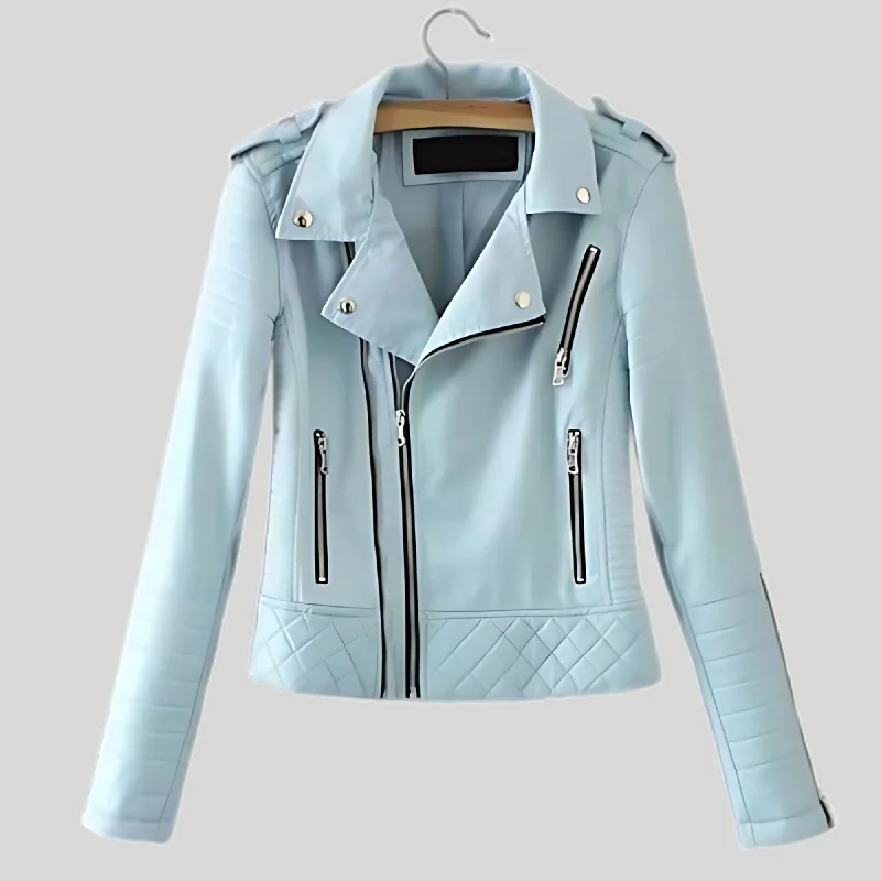 Women's Blue Motorcycle Biker Real Sheepskin Leather Jacket