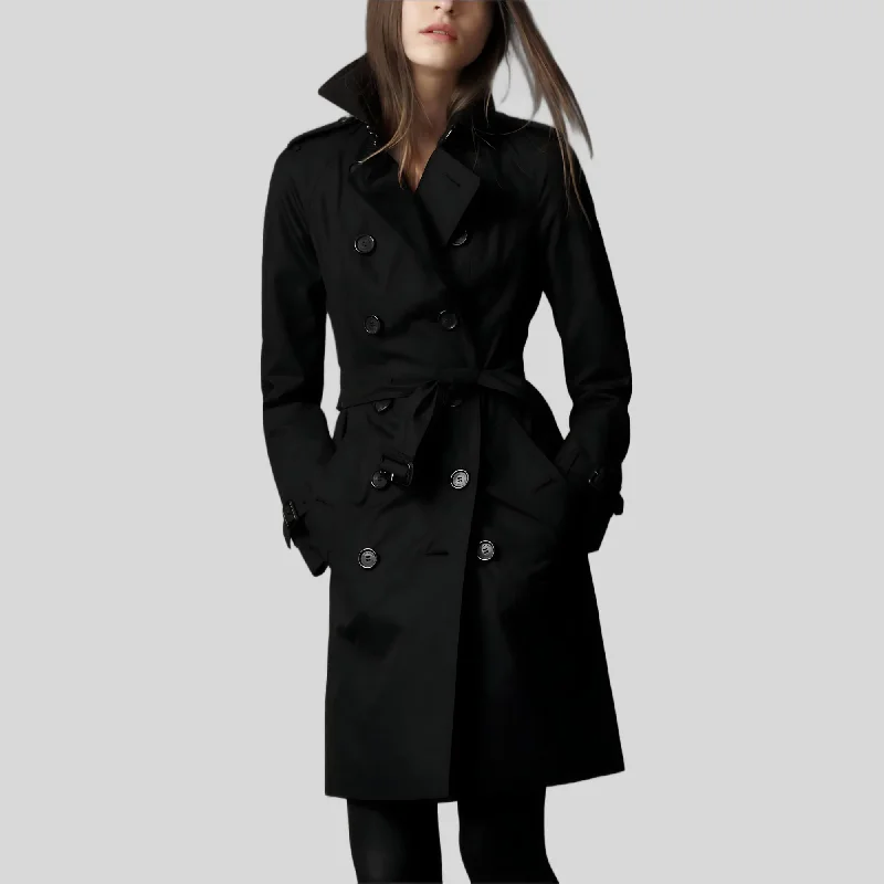 Women's Double-Breasted Black Long Belted Pure Cotton Coat