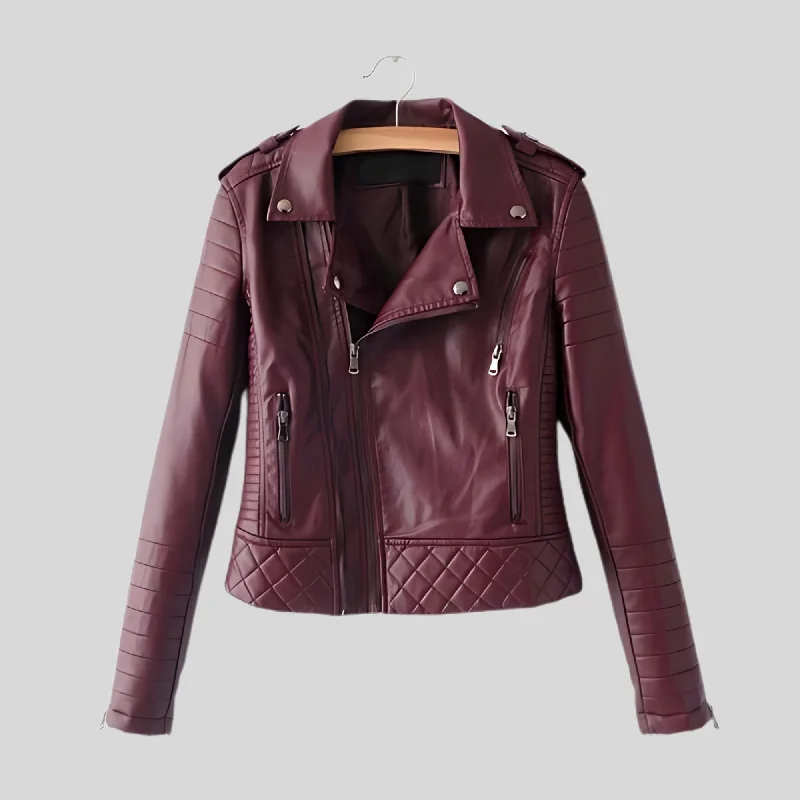 Women's Maroon Motorcycle Biker Real Sheepskin Leather Jacket