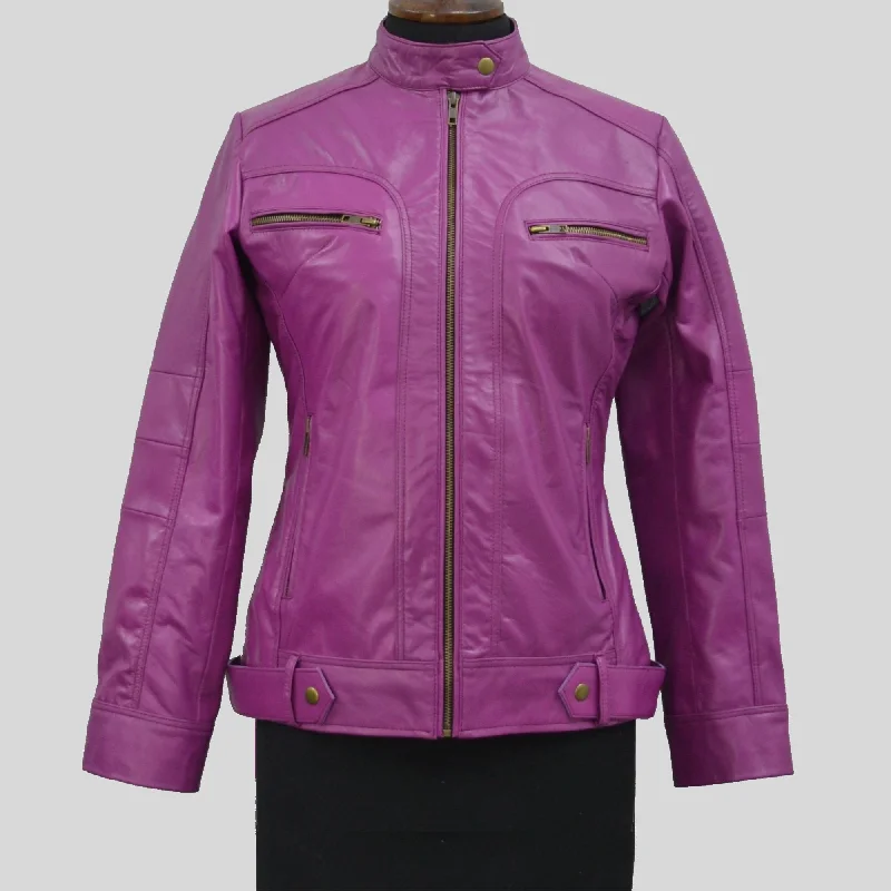 Women's Pink Genuine Lambskin Cafe Racer Leather Jacket