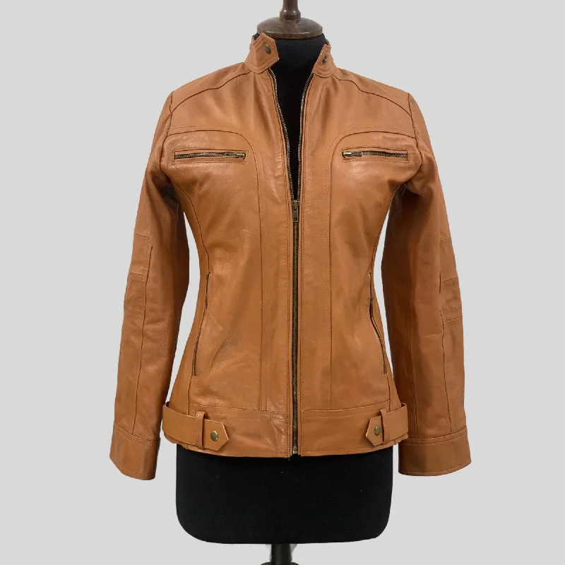 Women's Tan Genuine Lambskin Cafe Racer Leather Jacket