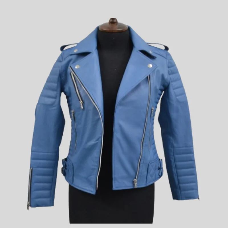 Women's Turquise Blue Motorcycle Genuine Leather Biker Jacket