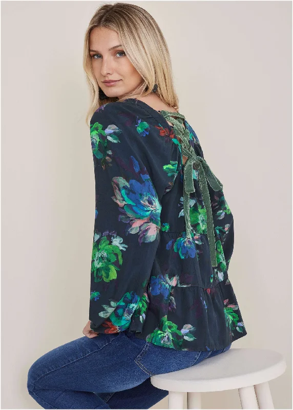 Square Neck Tiered Blouse - Midnight Garden