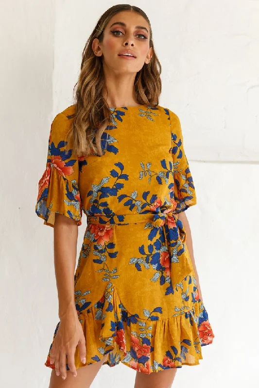 Azealia Floral Wrap Dress Mustard