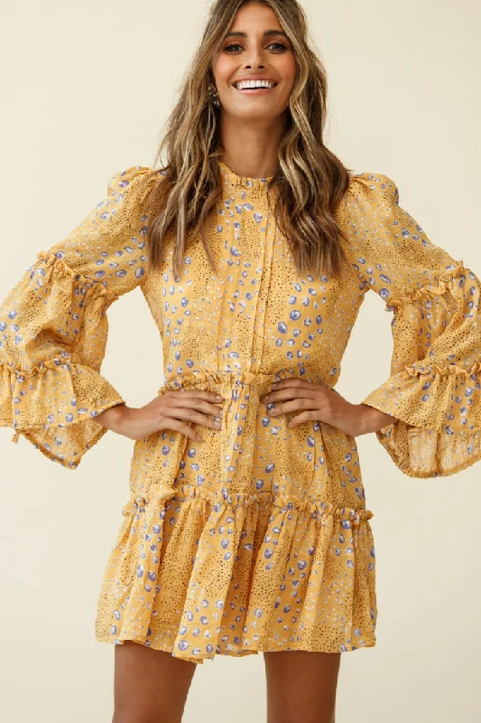 Beatrix High Neck Bell Sleeve Dress Droplet Print Yellow