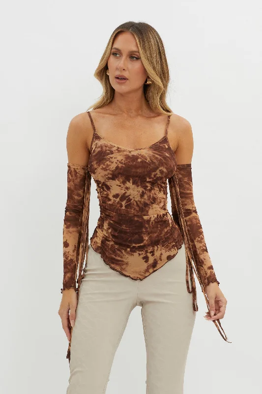 Elektra Off-Shoulder Mesh Top Brown