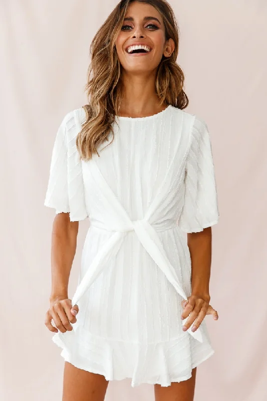 Knowing Tie-Front Frill Hem Dress White