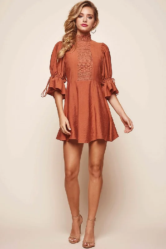 Martha High Neck Babydoll Dress Rust