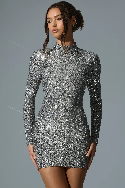 Embellished Open-Back Mini Dress in Silver