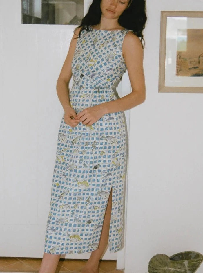 Gathered Midi Dress with Blue Fishing Net