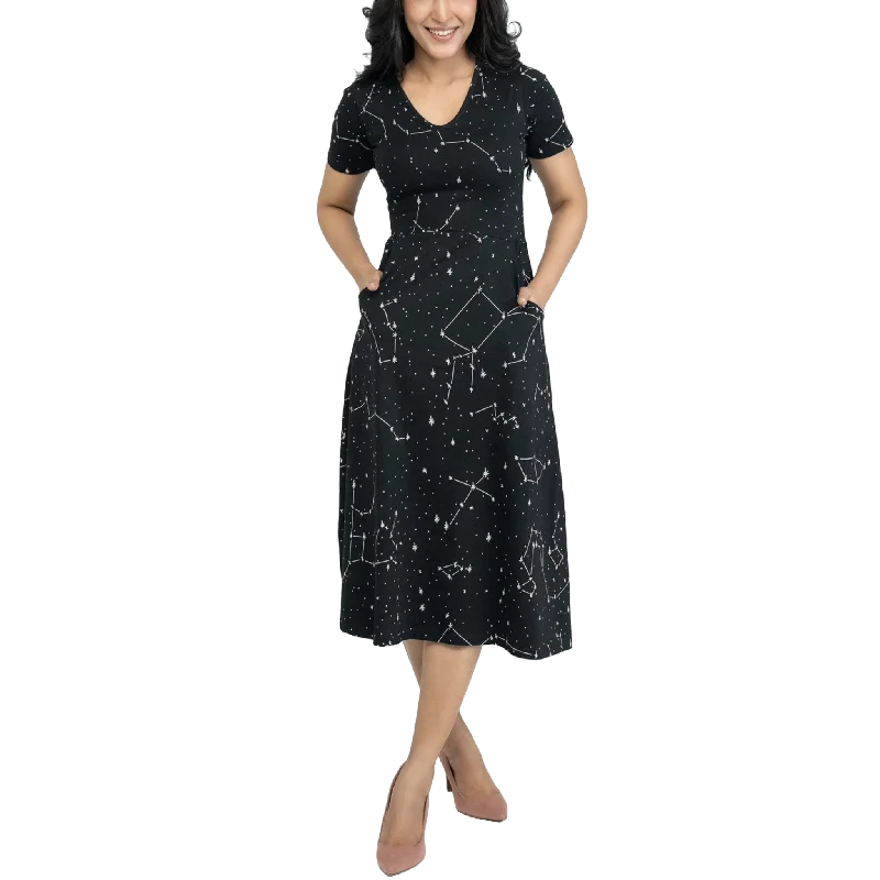 Constellations Glow-in-the-dark Short Sleeve Long Midi Dress (With Waist Seam)