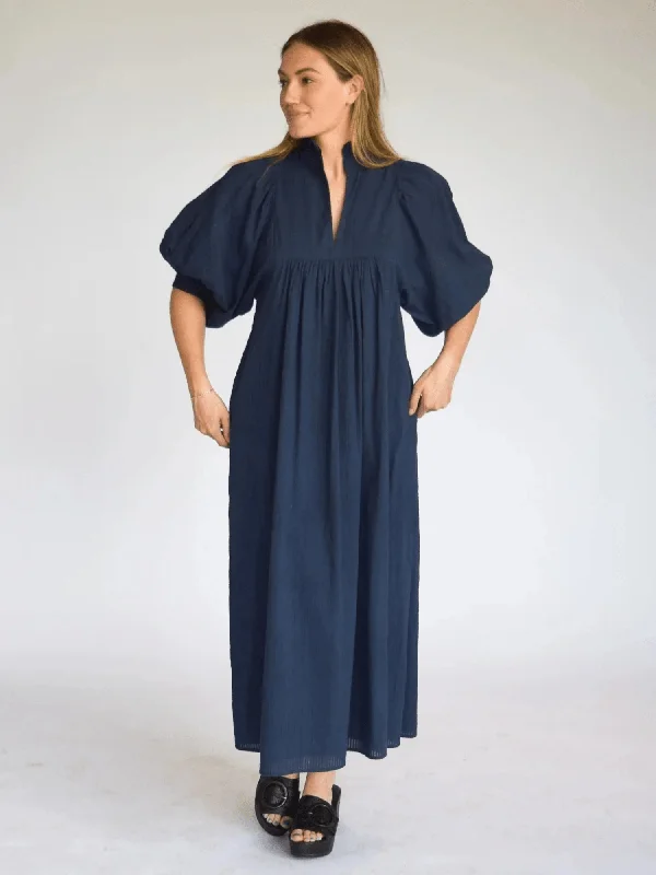 High Midi Neck Dress in Navy