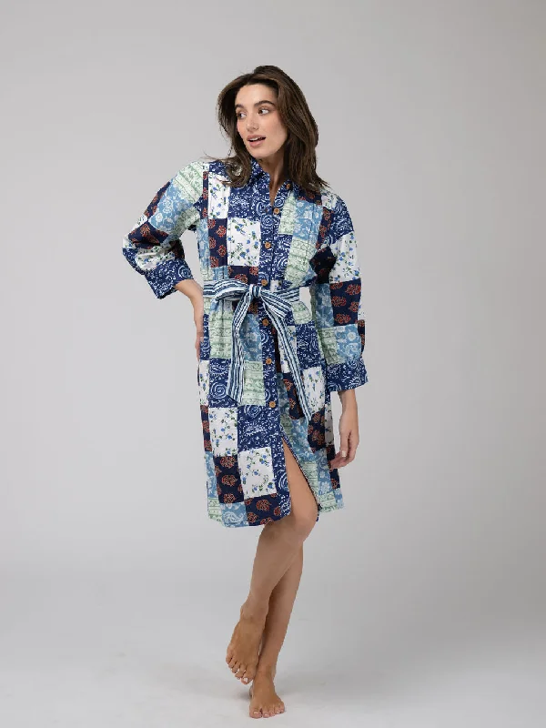 Quilted Midi Shirt Dress in Blue Squares