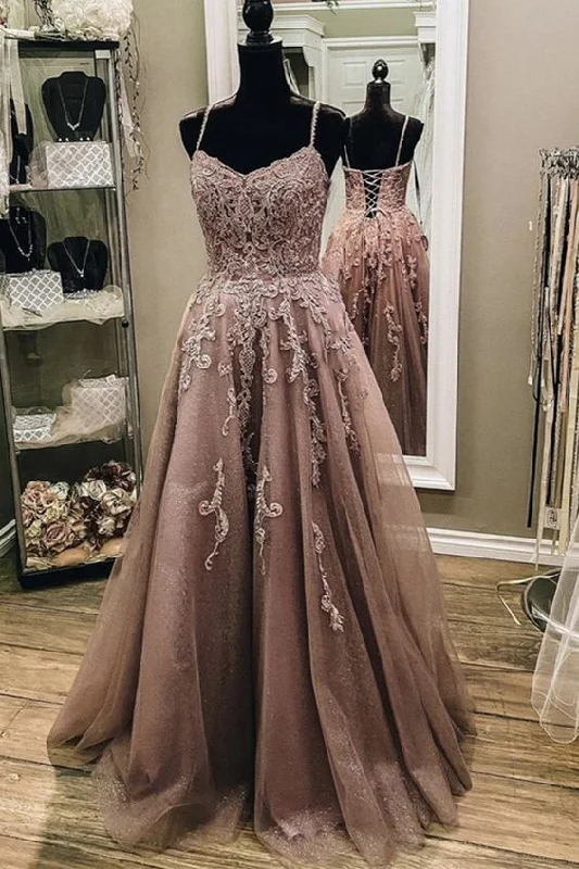 A Line Thin Strap Lace Long Prom Dress, Lace Formal Dress, Evening Dress        S5370