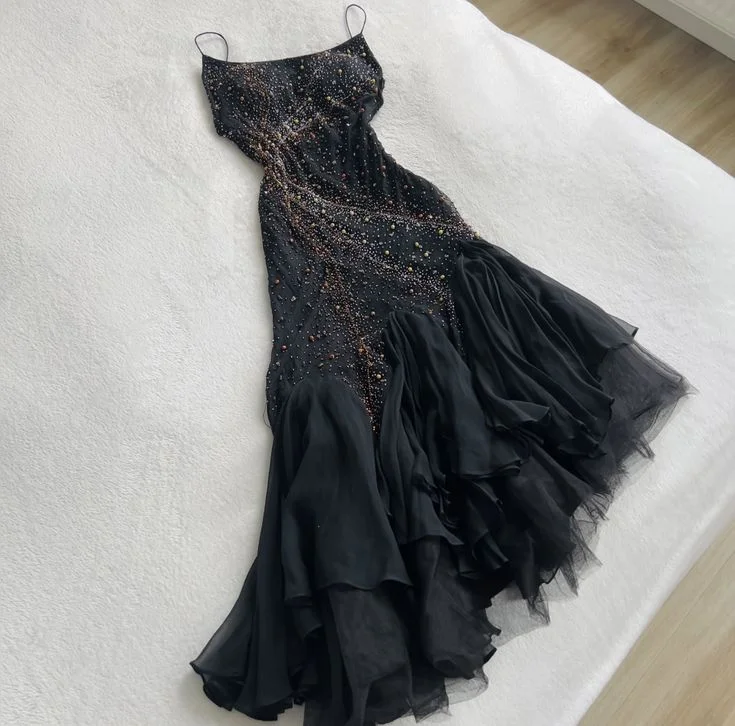 Black Elegant Spaghetti Straps Long Prom Dresses Long Evening Party Dress      S5888