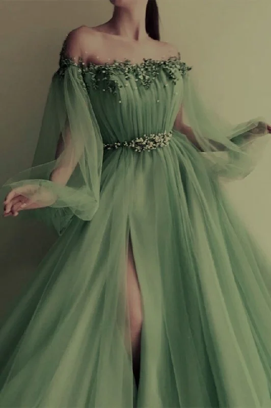 Charming Green Long Sleeves Evening Dress Tulle Prom Dress      S5713