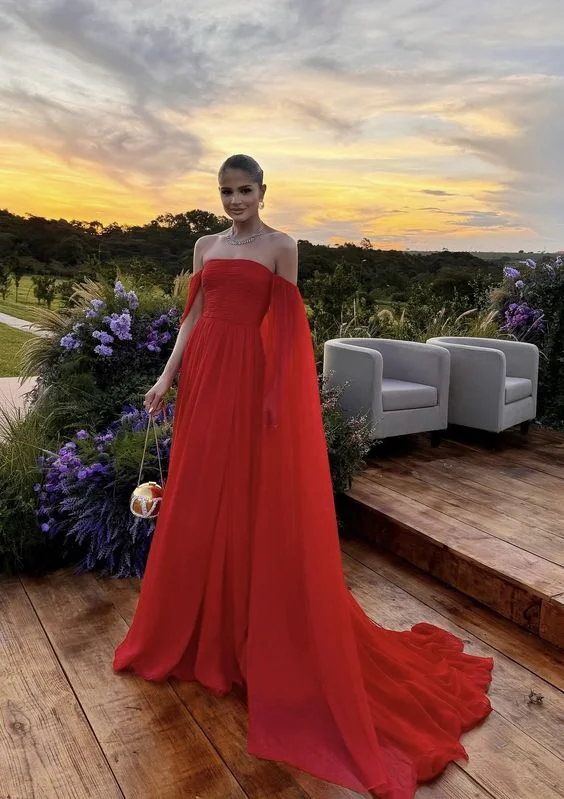 Evening Dresses Off Shoulder Long A Line Prom Dress Elegant Chiffon Formal Party Dress with Train      S5390