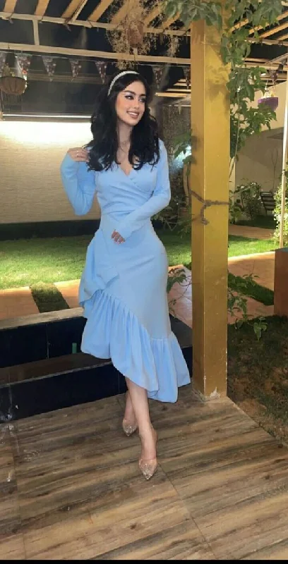 Mermaid Light Blue Women's Prom Dresses V Neck Long Sleeves Formal Occasion Dress Evening Dress       S5380