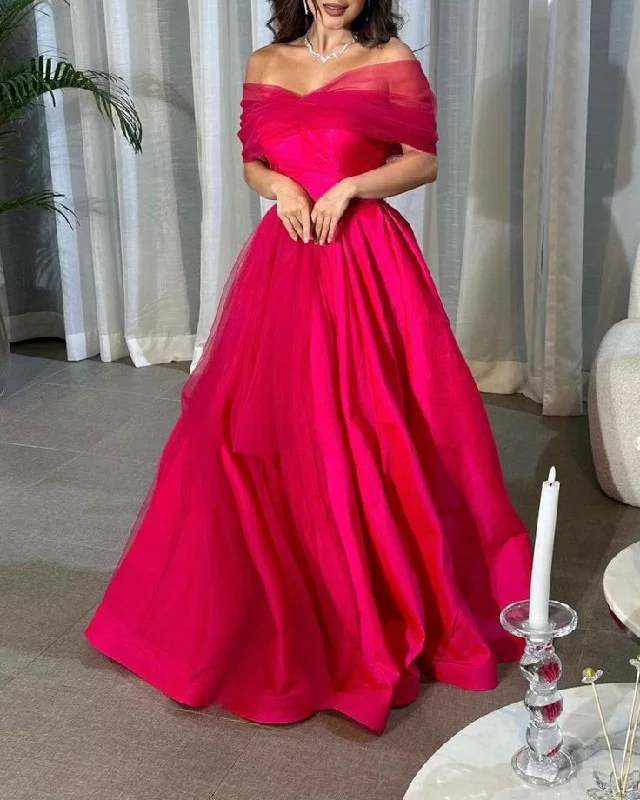 Off the Shoulder Hot Pink A-Line Evening Prom Dress       S5250