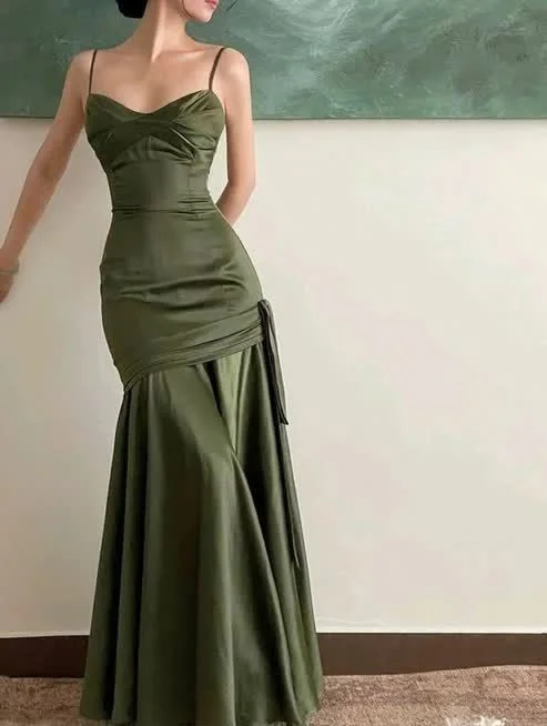 Sexy Mermaid Straps Green Party Dresses Satin Long Prom Dresses       S5245