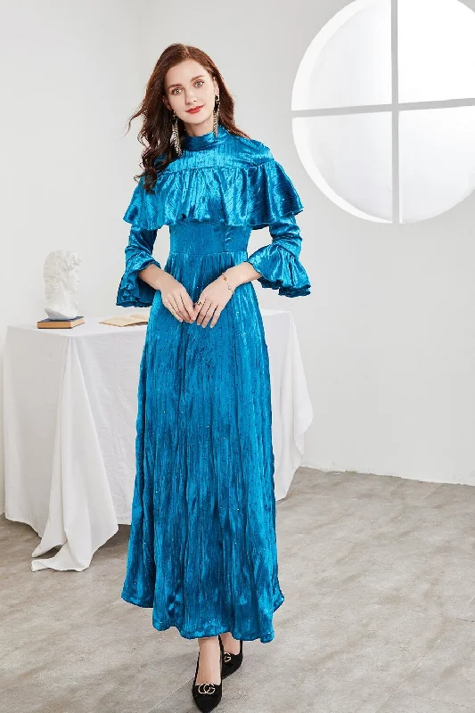 FashionSierra - O Neck Long Sleeves Beaded Ruffles Elegant A Line Maxi Party Prom Dress