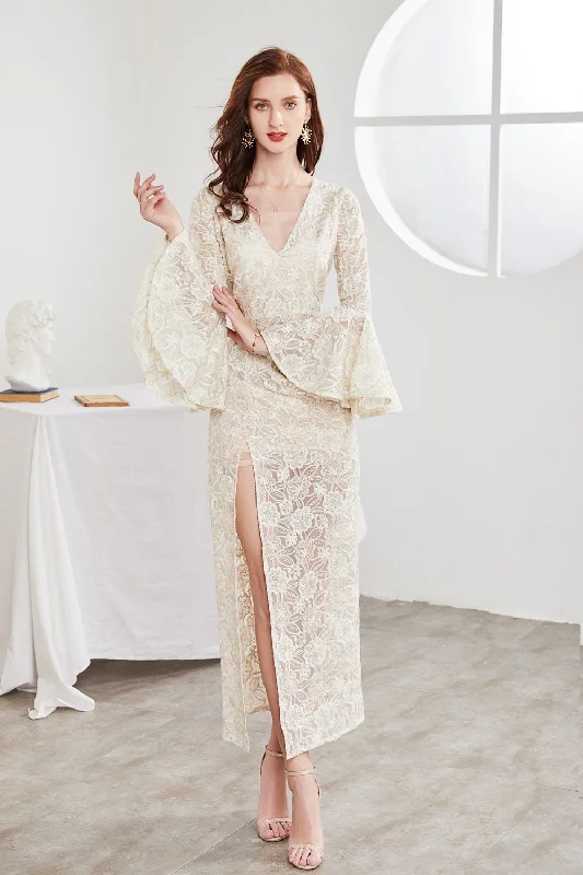 FashionSierra - Sexy V Neck Flare Sleeves Split Lace Elegant Fashion Long Party Prom Dress