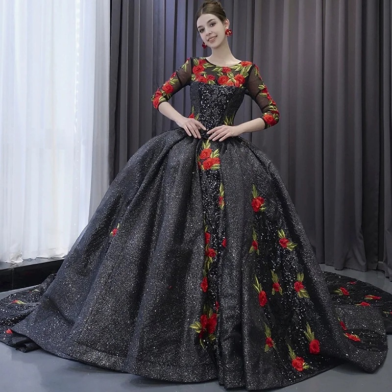 Elegant Black Lace Rose Wedding Gown Long Sleeve Quinceanera Dress