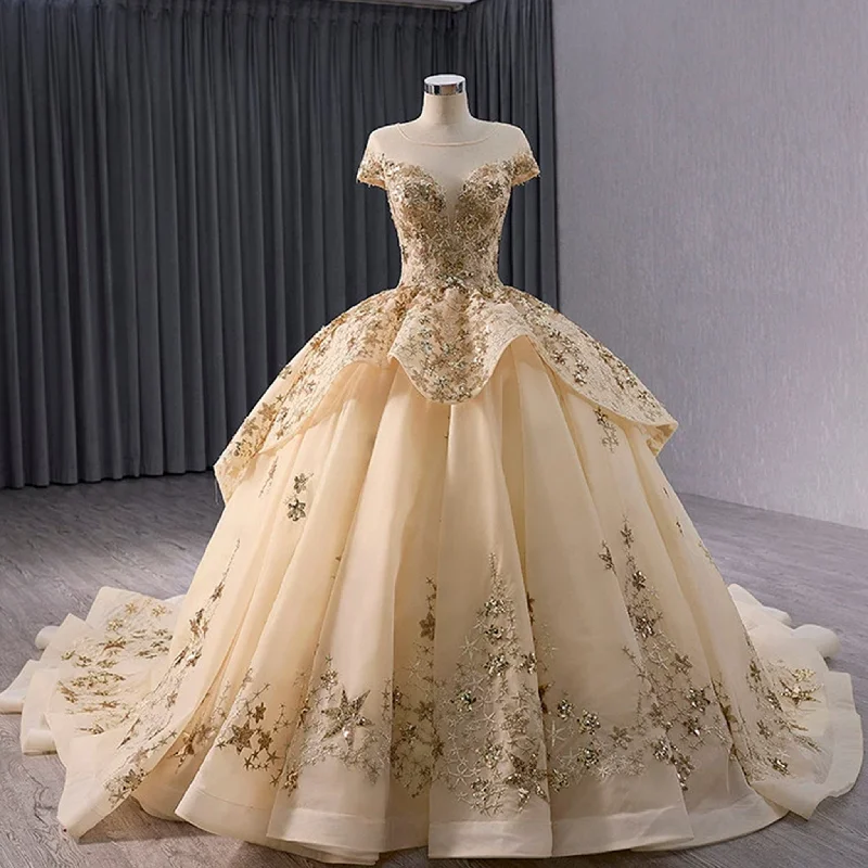 Gold Star Ruffle Wedding Dress with Cap Sleeve Quinceanera Gown