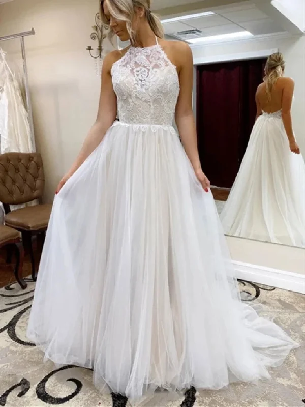 Hlater Long A-line Wedding Dresses, Illusion Lace Top Wedding Dresses, Simple Long Wedding Dresses