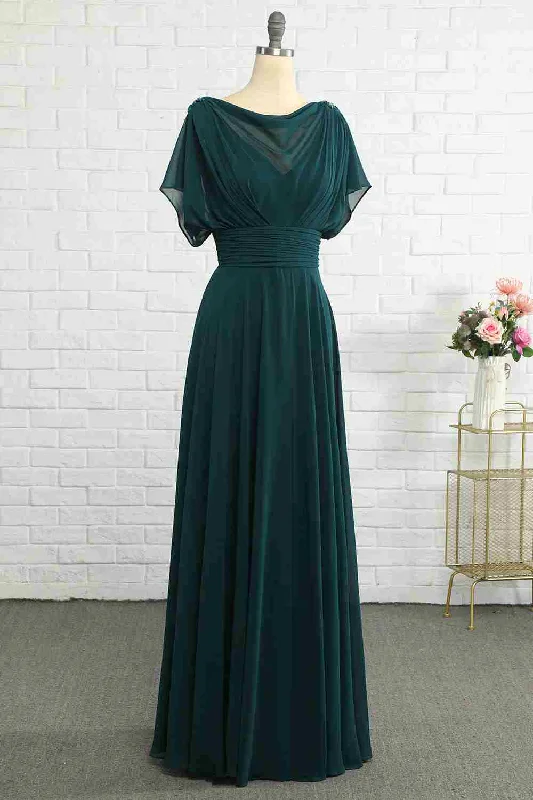 Hunter Green Chiffon Bateau Banded Waist Bridesmaid Dress