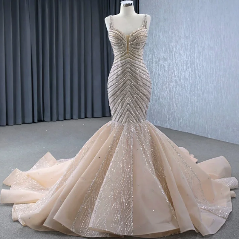 Luxury Beaded Trumpet Wedding Dresswith Spaghetti Strap Formal Gown