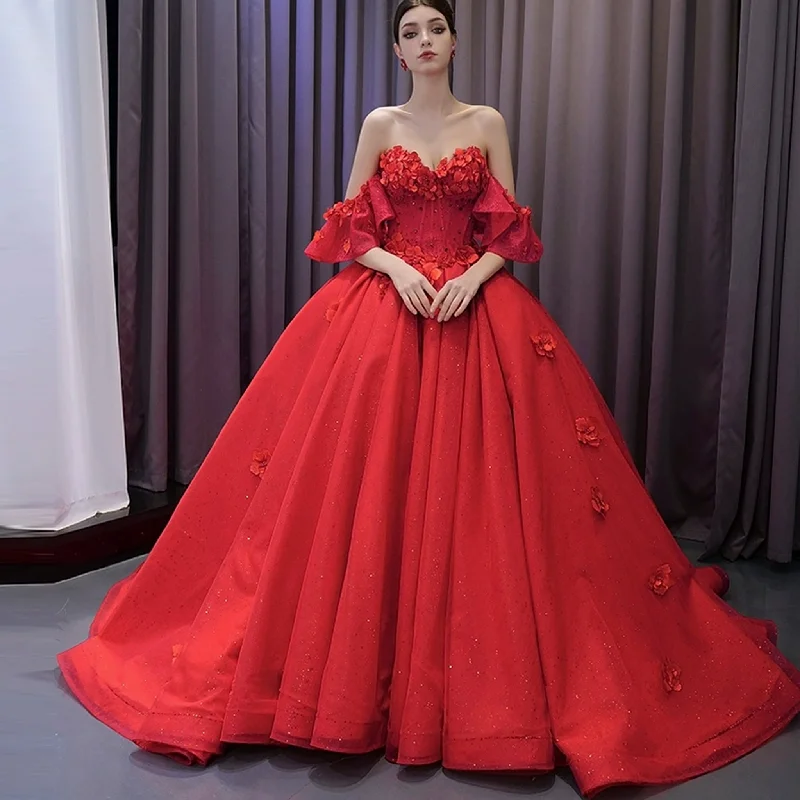 Luxury Red Wedding Gown 3D Flower Quince Dress with Detachable Sleeve