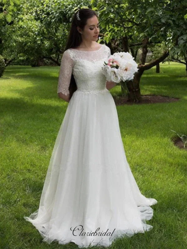 Mid Sleeves Lace Wedding Dresses, Tulle A-line Wedding Dresses