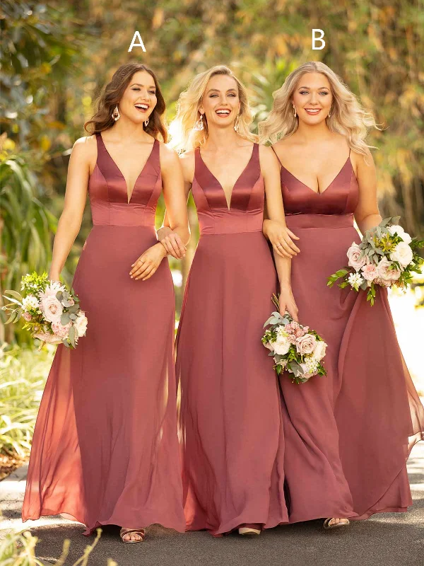 Mismatched Long Bridesmaid Dresses, Satin Top Chiffon Bridesmaid Dresses, Affordable 2022 Bridesmaid Dresses