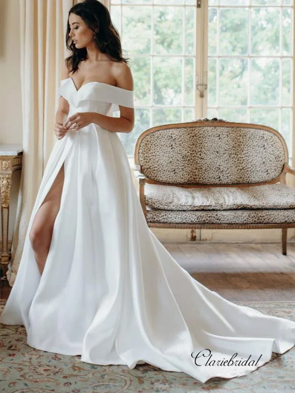 Off The Shoulder Popular Wedding Dresses, Slit Satin Wedding Dresses