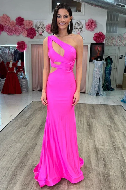 One Shoulder Bridesmaid Dresses, Unique Newest 2024 Long Prom Dresses, Hot Pink Wedding Guest Dresses