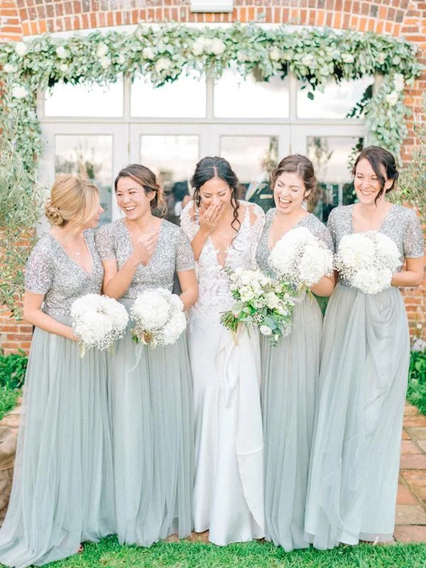 Sequins Popular Long Bridesmaid Dresses, 2020 V-neck Bridesmaid Dresses