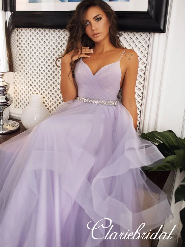 Spaghetti Long A-line Lilac Tulle Wedding Dresses, Backless Bridal Gown